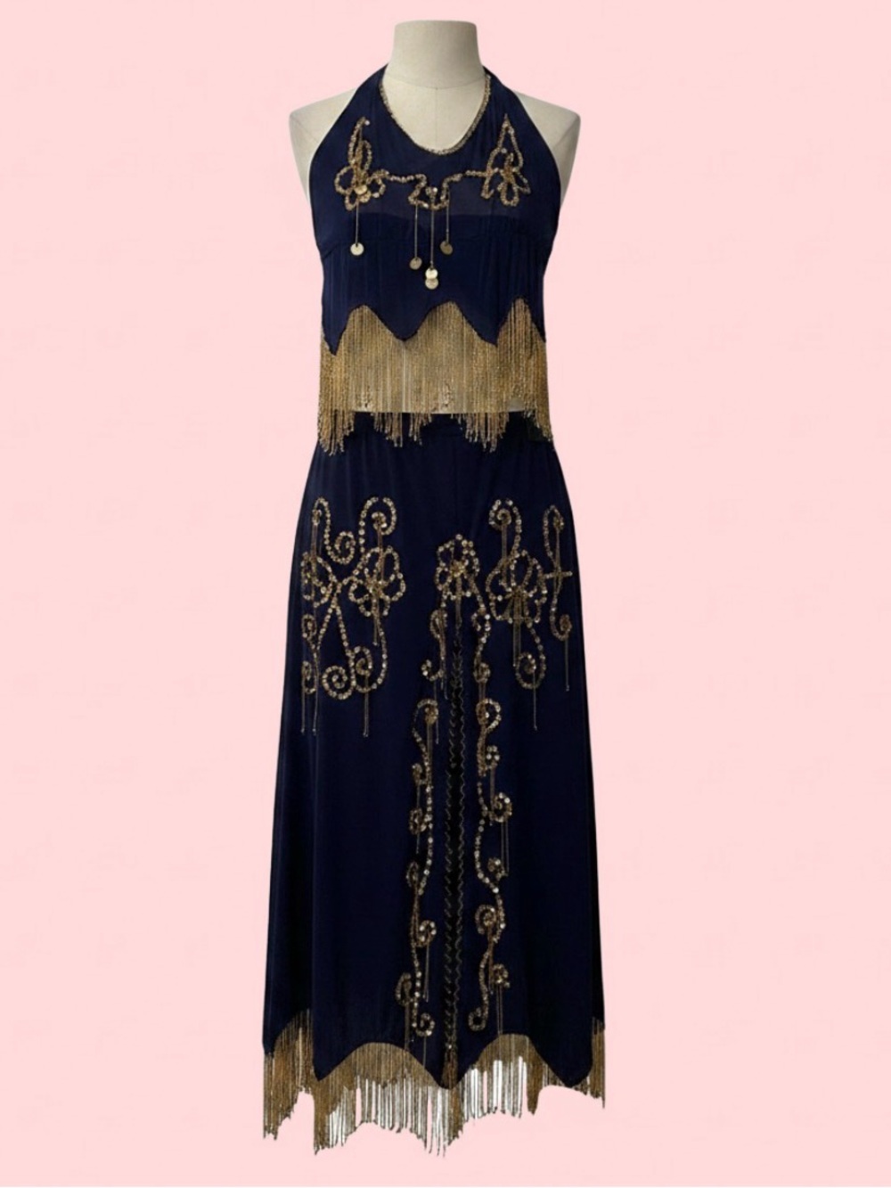 Vintage Navy & Gold Bellydance Inspired Showgirl Fringe 2-Pc Beaded Festival Set